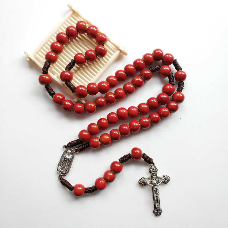 Christiandiscipleshop Our Lady of Guadalupe & Crucifix of 10 mm Round Red Ceramic Nylon Cord Rosary