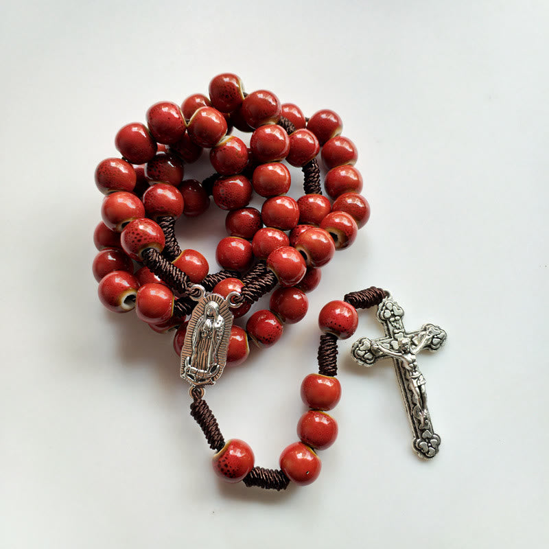 Christiandiscipleshop Our Lady of Guadalupe & Crucifix of 10 mm Round Red Ceramic Nylon Cord Rosary