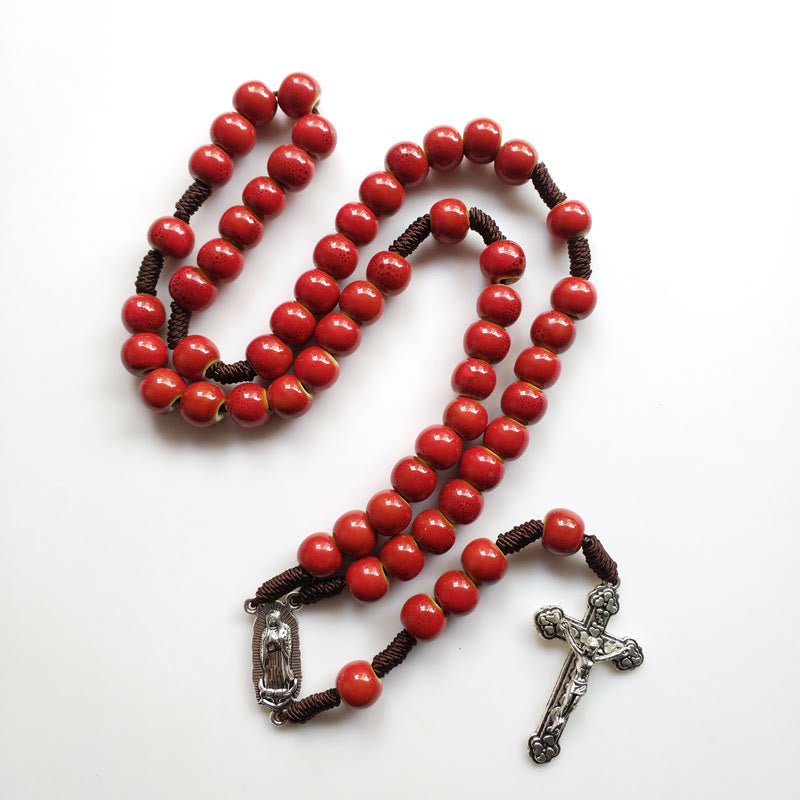 Christiandiscipleshop Our Lady of Guadalupe & Crucifix of 10 mm Round Red Ceramic Nylon Cord Rosary