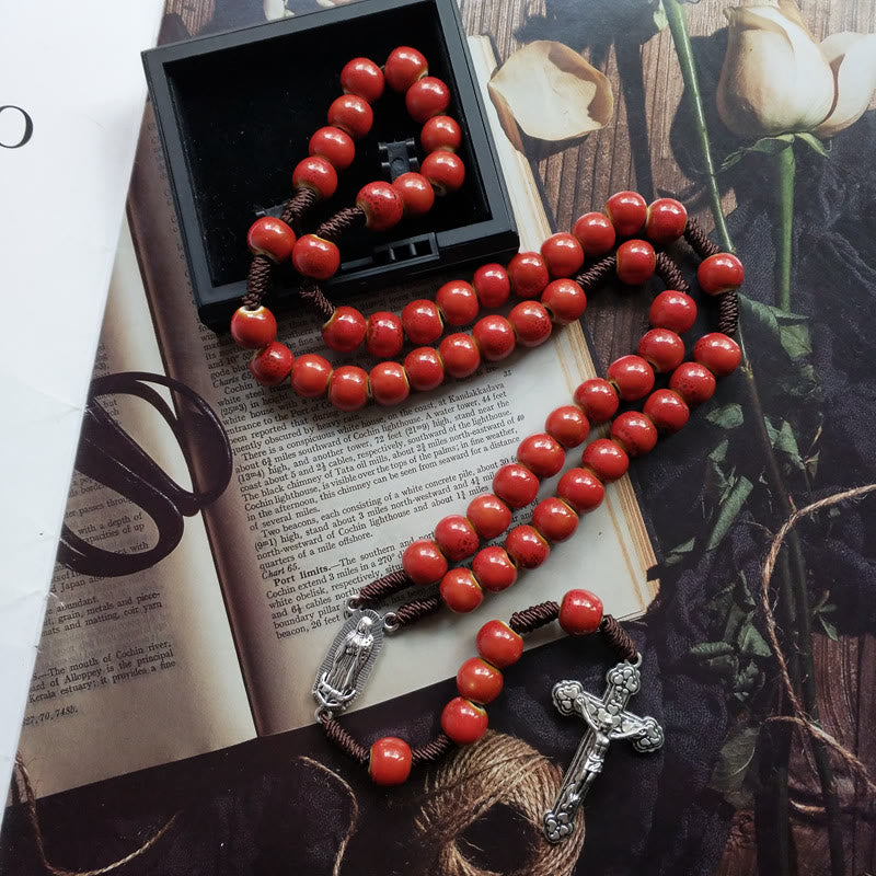 Christiandiscipleshop Our Lady of Guadalupe & Crucifix of 10 mm Round Red Ceramic Nylon Cord Rosary