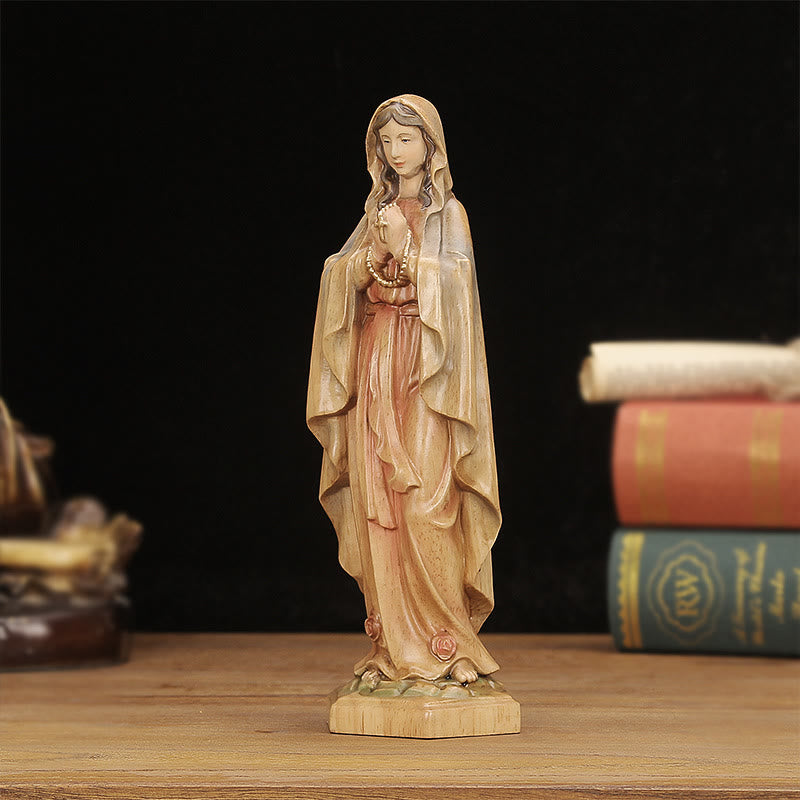 Christiandiscipleshop Classic Style Crafted Virgin Mary Holding Rosary Wooden Desktop Decorations Ornament