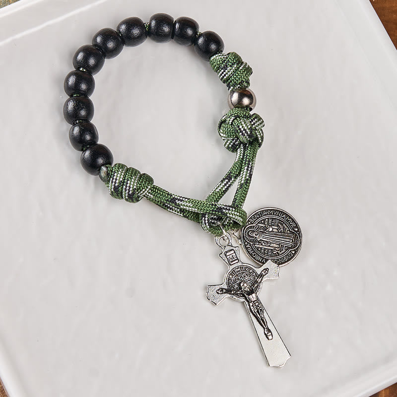 Christiandiscipleshop St. Benedict Medal & Crucifix of 10 mm Round Black Wood Green Paracord Pocket Rosary