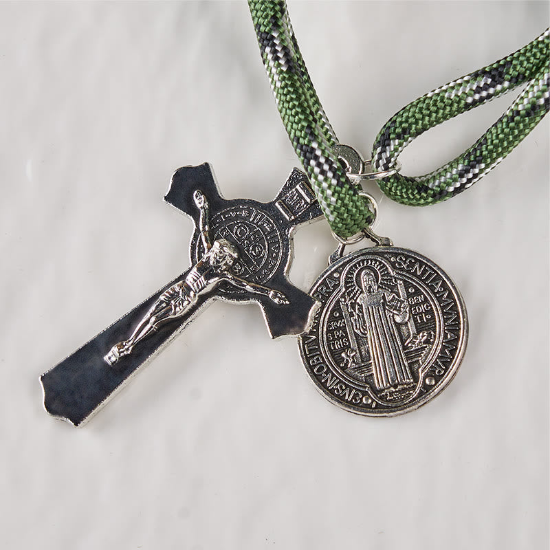 Christiandiscipleshop St. Benedict Medal & Crucifix of 10 mm Round Black Wood Green Paracord Pocket Rosary