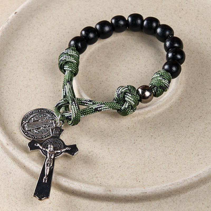 Christiandiscipleshop St. Benedict Medal & Crucifix of 10 mm Round Black Wood Green Paracord Pocket Rosary