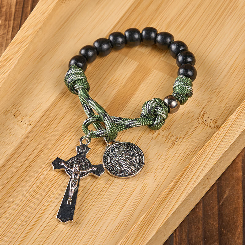 Christiandiscipleshop St. Benedict Medal & Crucifix of 10 mm Round Black Wood Green Paracord Pocket Rosary