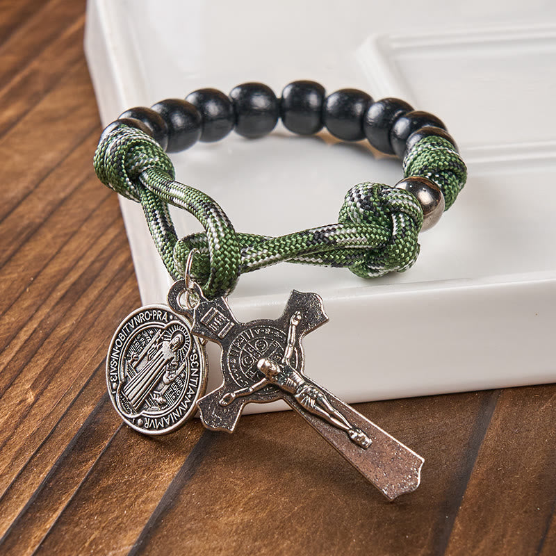 Christiandiscipleshop St. Benedict Medal & Crucifix of 10 mm Round Black Wood Green Paracord Pocket Rosary