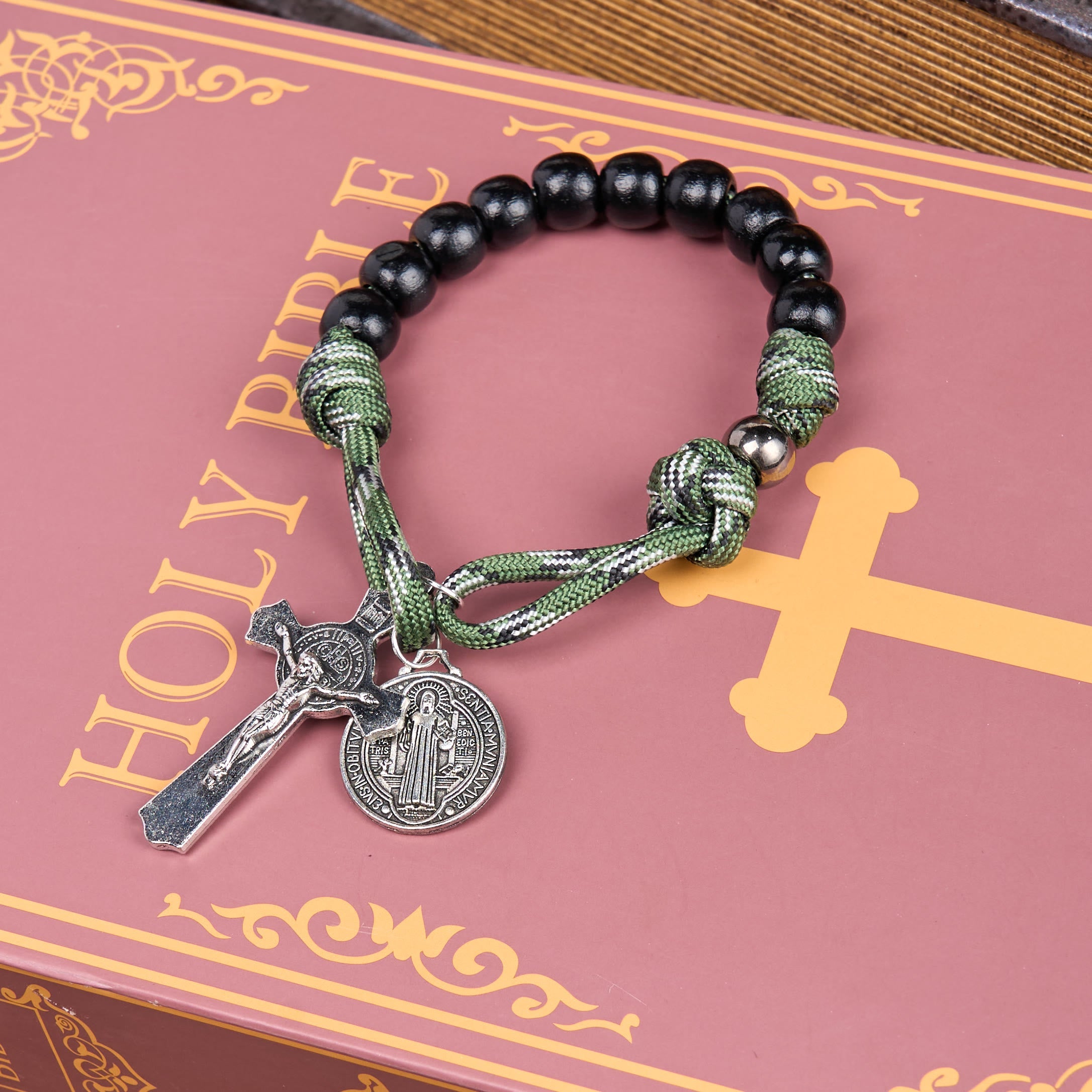 Christiandiscipleshop St. Benedict Medal & Crucifix of 10 mm Round Black Wood Green Paracord Pocket Rosary