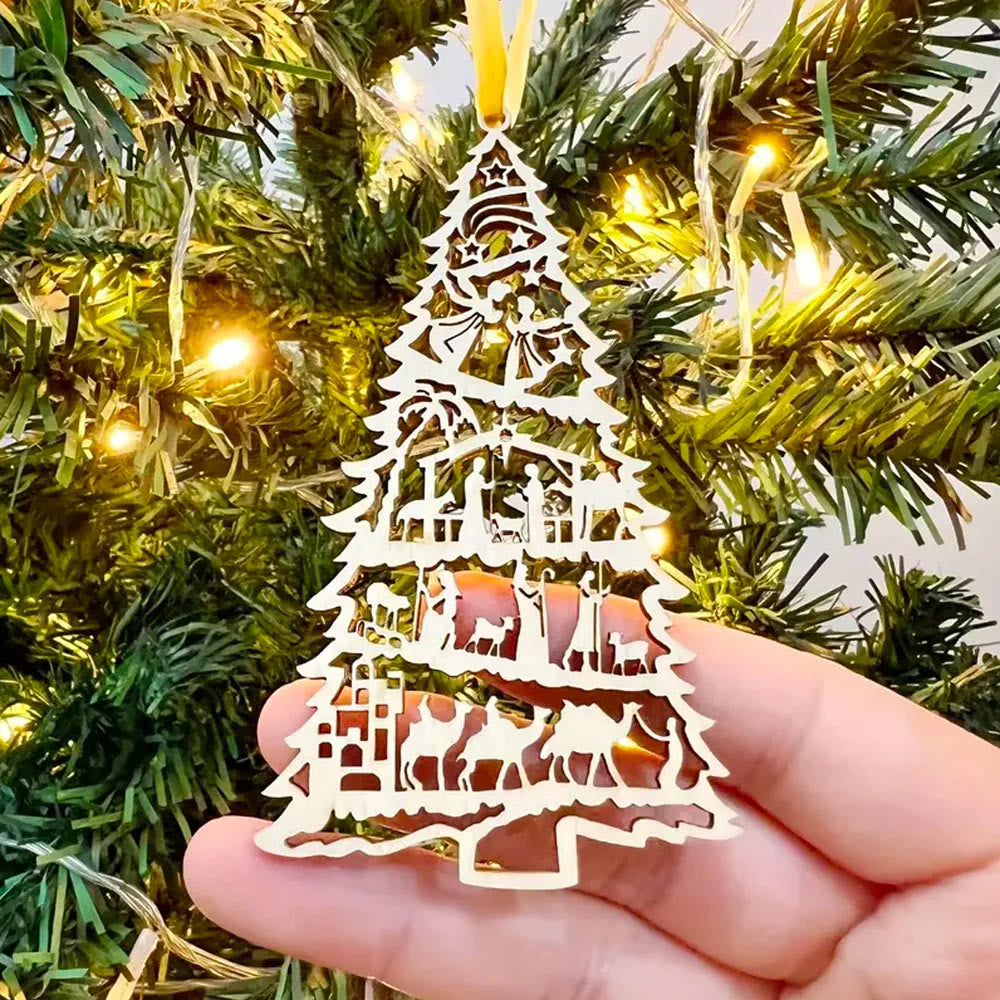 Christiandiscipleshop Classic Style Nativity Scene Tree-Shaped Wooden Christmas Nativity Hanging Ornaments