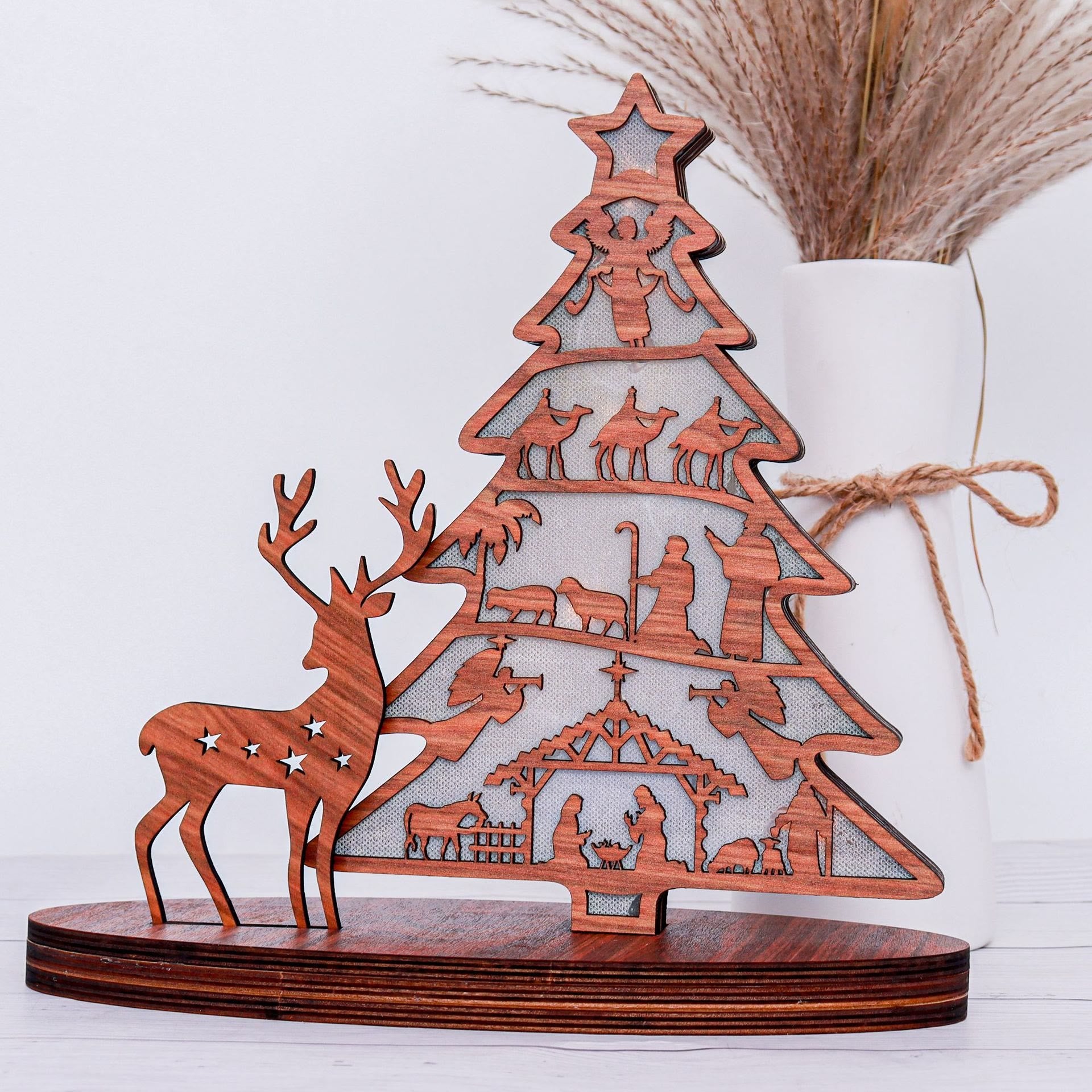 Christiandiscipleshop Classic Style Reindeer Nativity Scene Light Up Desktop Decorations Ornament