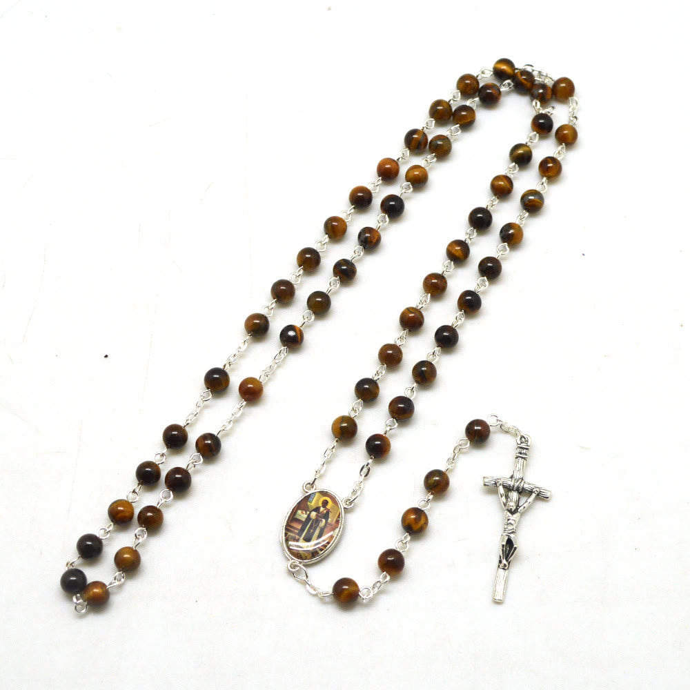 Christiandiscipleshop San Martin & Crucifix of 6 mm Round Brown Tiger Eye Stone Alloy Chain Rosary