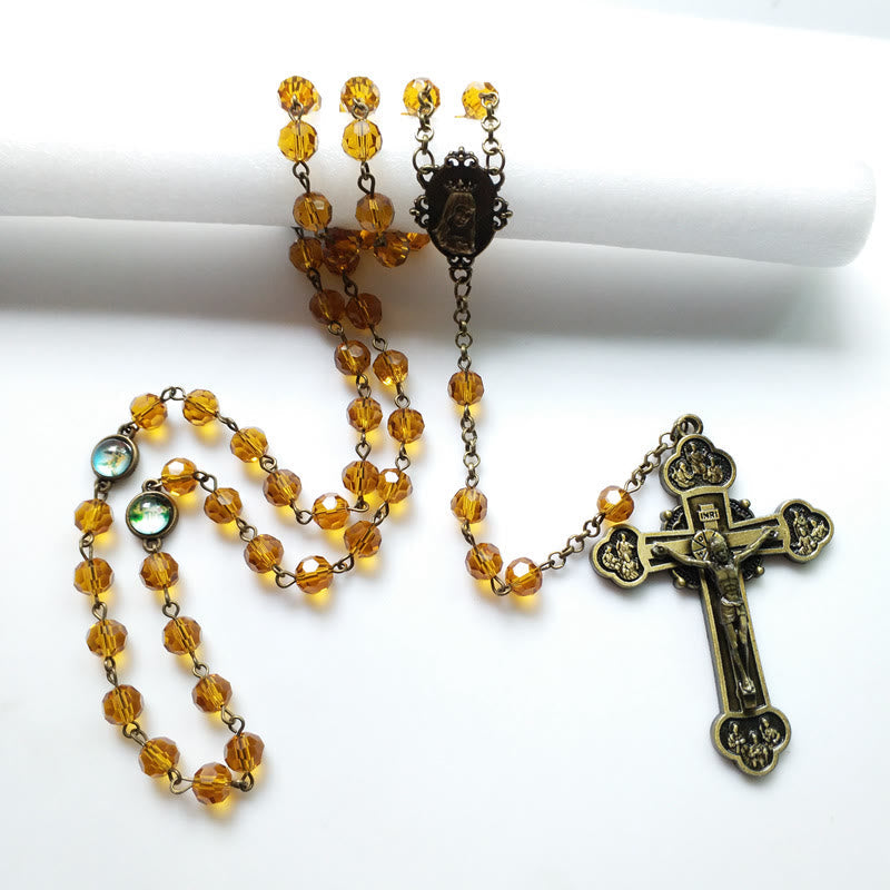 christiandiscipleshop Virgin Mary & Crucifix of 8 mm Polyhedron Yellow Glass Alloy Chain Rosary