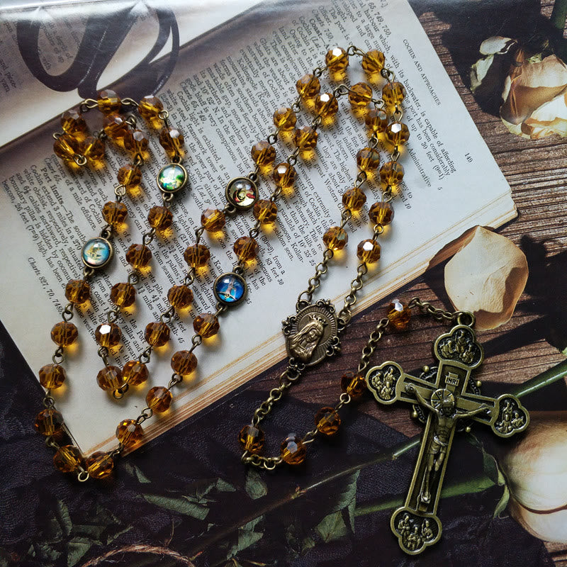 christiandiscipleshop Virgin Mary & Crucifix of 8 mm Polyhedron Yellow Glass Alloy Chain Rosary