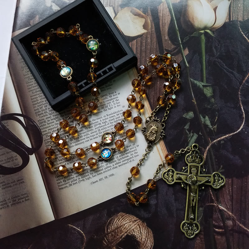 christiandiscipleshop Virgin Mary & Crucifix of 8 mm Polyhedron Yellow Glass Alloy Chain Rosary