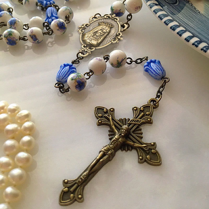 christiandiscipleshop Immaculate Heart of Mary & Crucifix of 8 mm Round Blue Floral Acrylic Alloy Chain Rosary