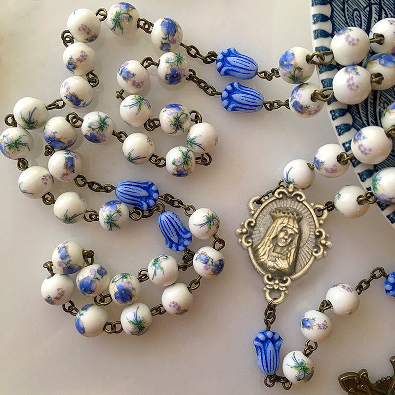 christiandiscipleshop Immaculate Heart of Mary & Crucifix of 8 mm Round Blue Floral Acrylic Alloy Chain Rosary