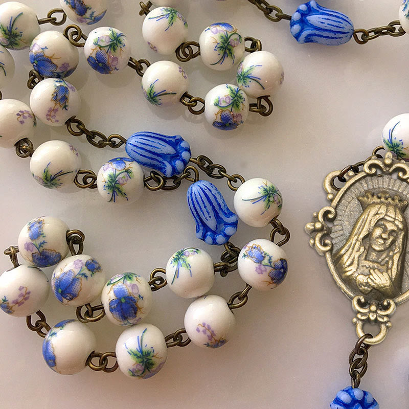christiandiscipleshop Immaculate Heart of Mary & Crucifix of 8 mm Round Blue Floral Acrylic Alloy Chain Rosary