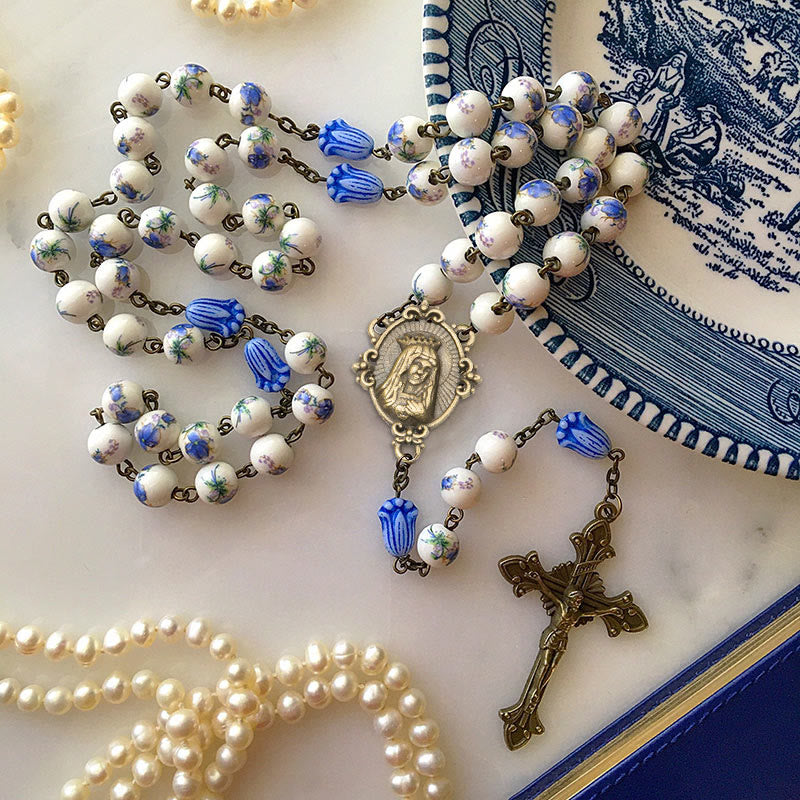 christiandiscipleshop Immaculate Heart of Mary & Crucifix of 8 mm Round Blue Floral Acrylic Alloy Chain Rosary
