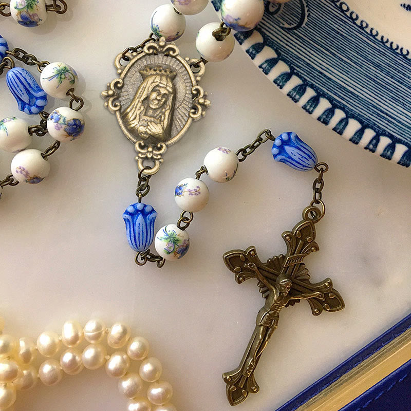 christiandiscipleshop Immaculate Heart of Mary & Crucifix of 8 mm Round Blue Floral Acrylic Alloy Chain Rosary