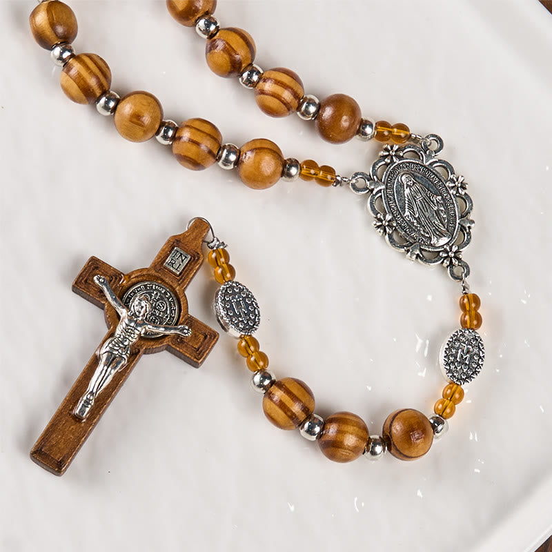 christiandiscipleshop Miraculous Medal & Crucifix of 8 mm Round Brown Wood Nylon Cord Rosary