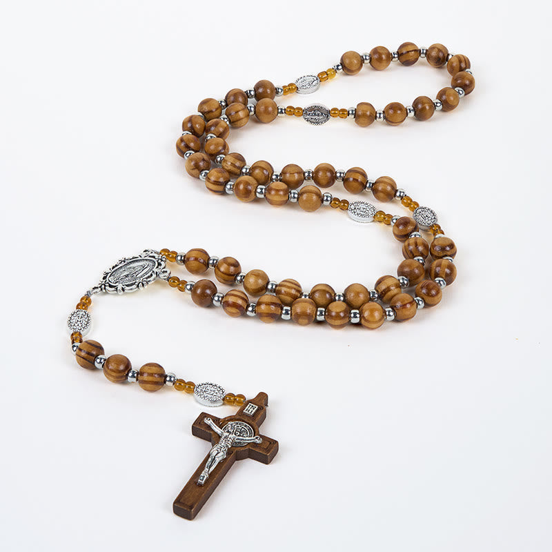 christiandiscipleshop Miraculous Medal & Crucifix of 8 mm Round Brown Wood Nylon Cord Rosary