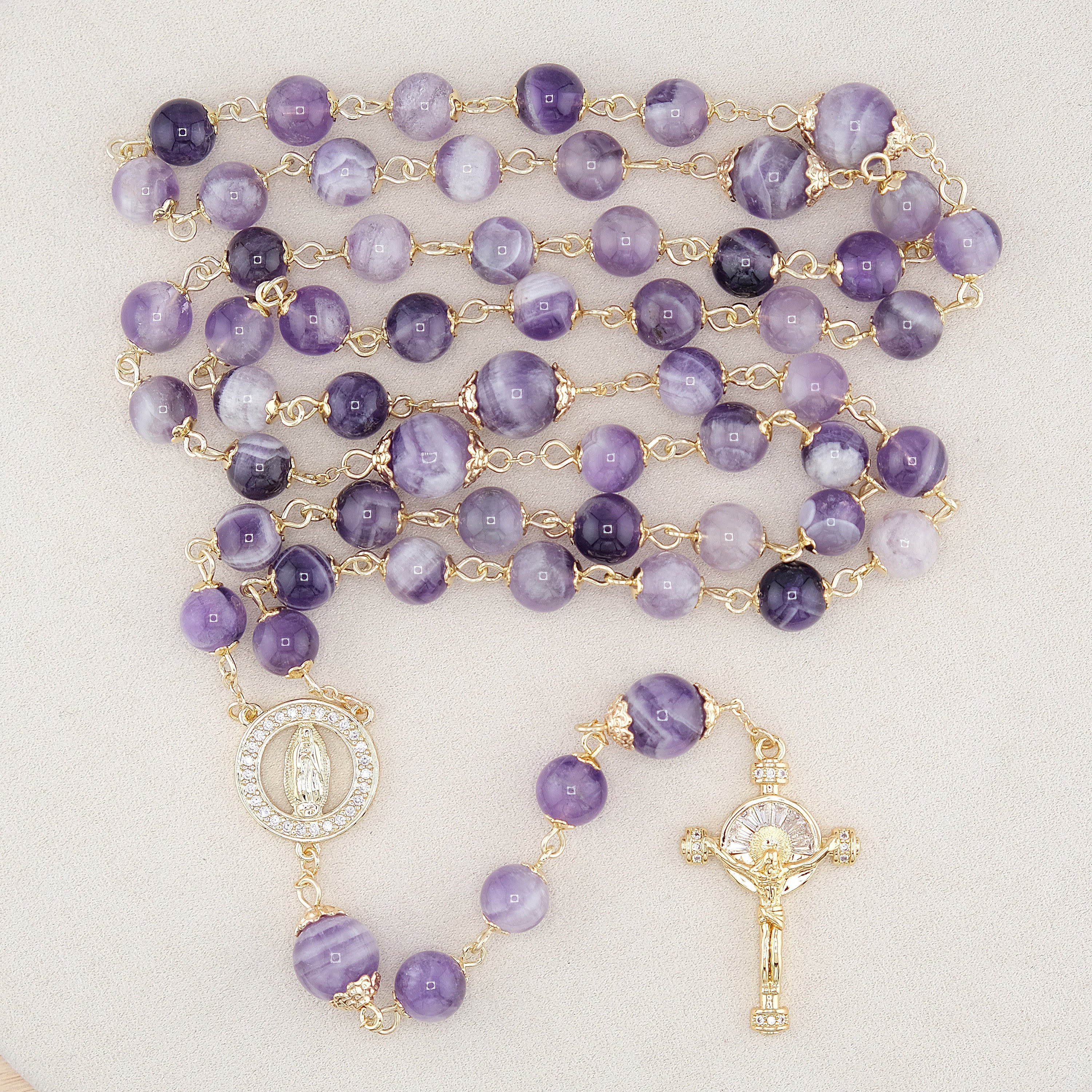 Christiandiscipleshop Our Lady of Guadalupe & Crucifix of 8mm Round Purple Crystal Rosary