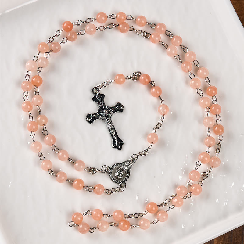 Christiandiscipleshop Our Lady of Rosary & Crucifix of 6 mm Round Pink Agate Alloy Chain Rosary