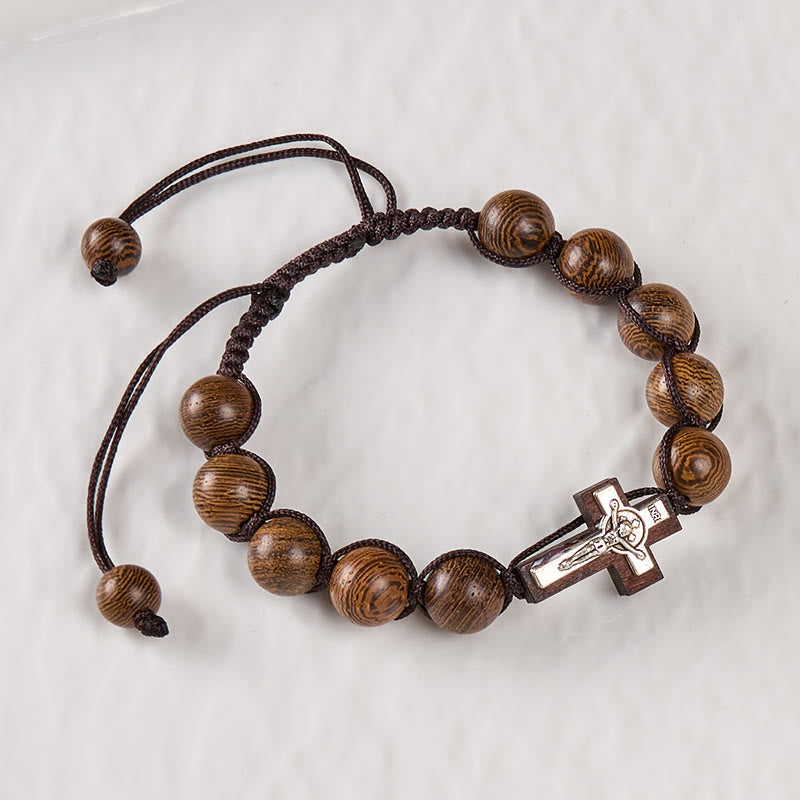 christiandiscipleshop Jesus Bless Us Crucifix Round Beads Wenge/Pine Wooden Bracelet