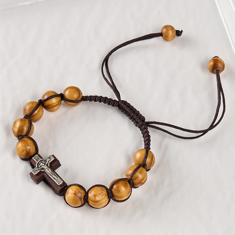 christiandiscipleshop Jesus Bless Us Crucifix Round Beads Wenge/Pine Wooden Bracelet