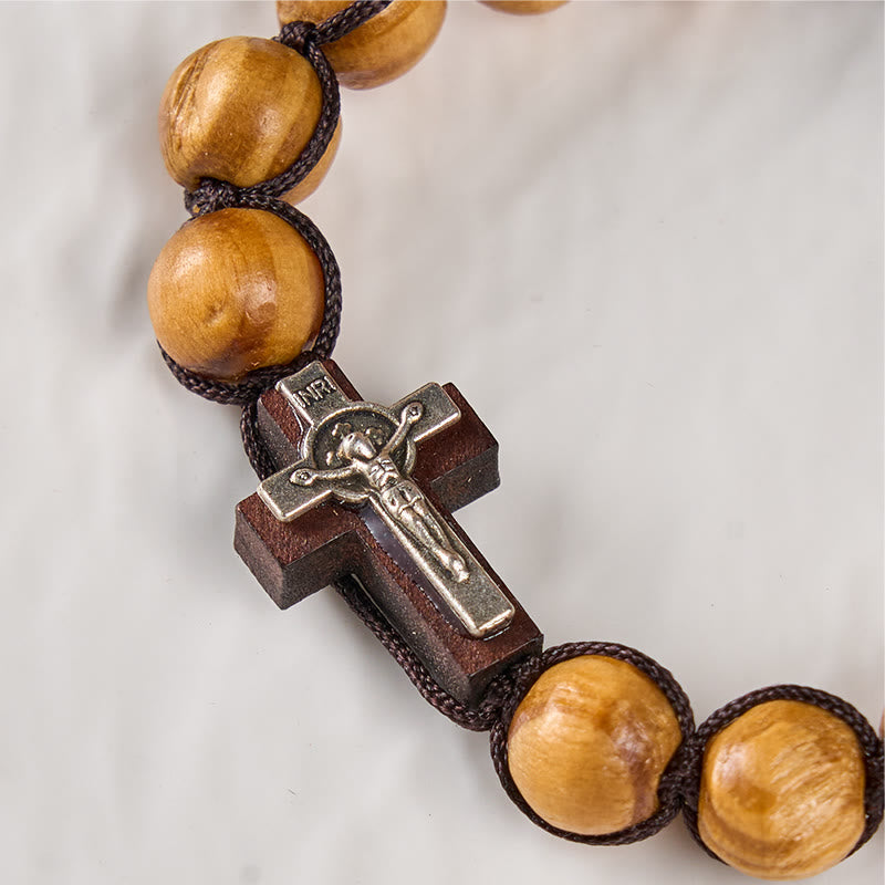 christiandiscipleshop Jesus Bless Us Crucifix Round Beads Wenge/Pine Wooden Bracelet