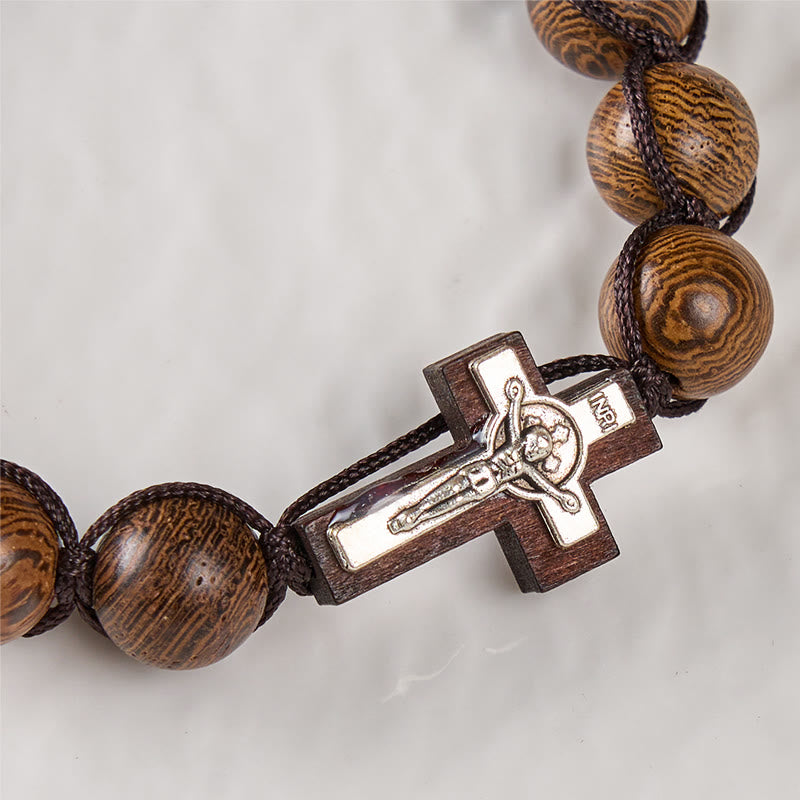 christiandiscipleshop Jesus Bless Us Crucifix Round Beads Wenge/Pine Wooden Bracelet