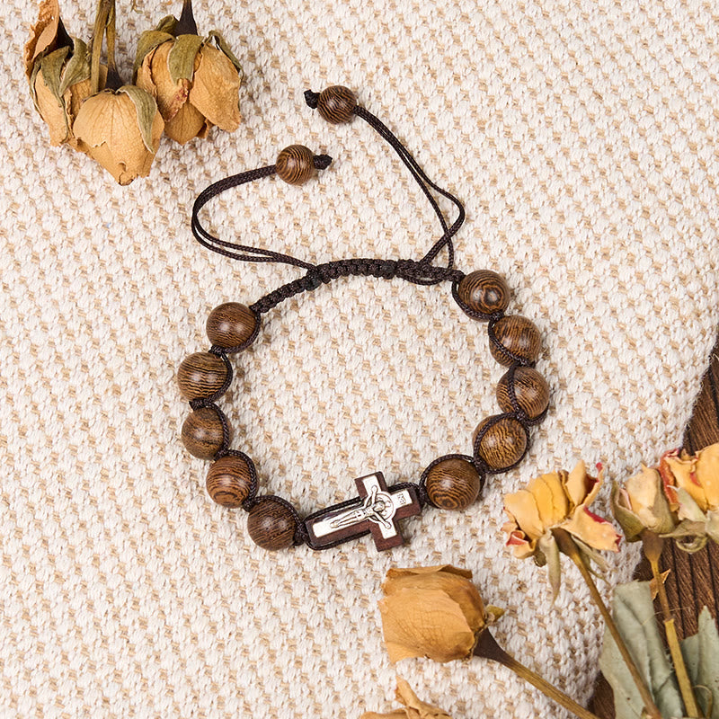 christiandiscipleshop Jesus Bless Us Crucifix Round Beads Wenge/Pine Wooden Bracelet