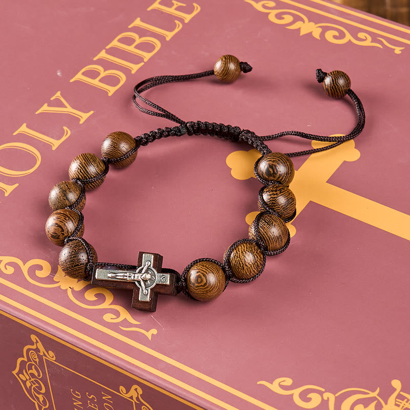 christiandiscipleshop Jesus Bless Us Crucifix Round Beads Wenge/Pine Wooden Bracelet