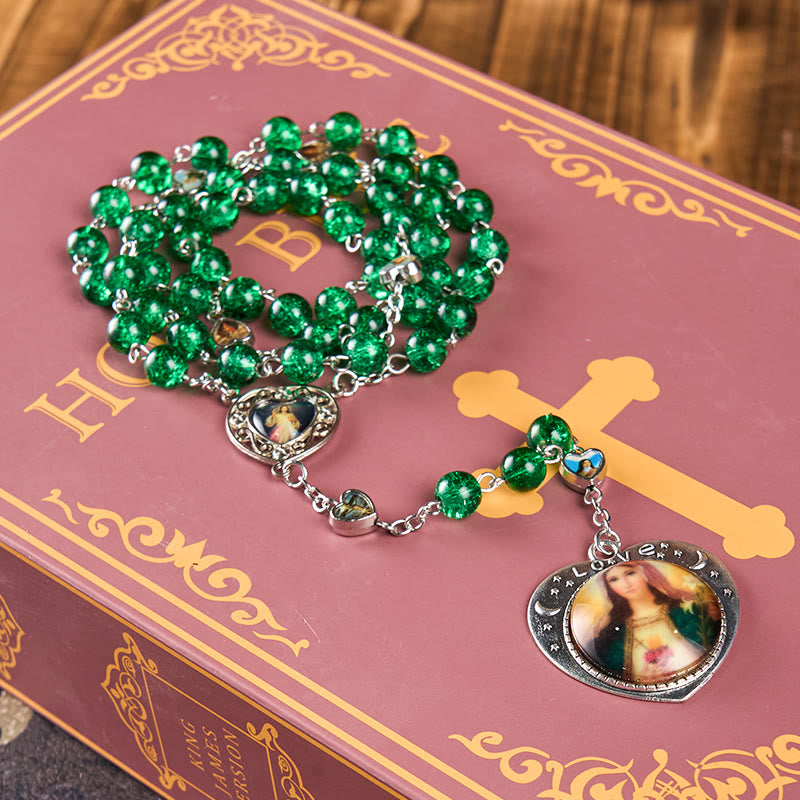 christiandiscipleshop Jesus Mary Double-Sided Medal & Sacred Heart of Our Lady of 8mm Round Green Glass Alloy Chain Rosary