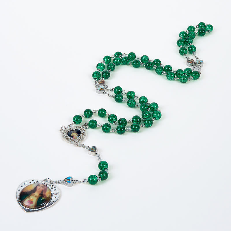 christiandiscipleshop Jesus Mary Double-Sided Medal & Sacred Heart of Our Lady of 8mm Round Green Glass Alloy Chain Rosary