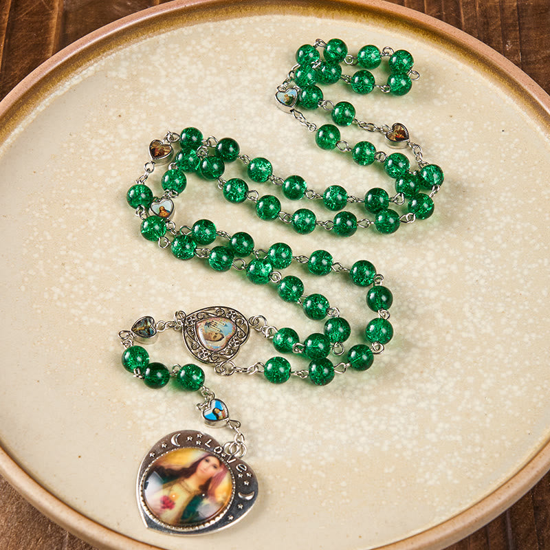 christiandiscipleshop Jesus Mary Double-Sided Medal & Sacred Heart of Our Lady of 8mm Round Green Glass Alloy Chain Rosary