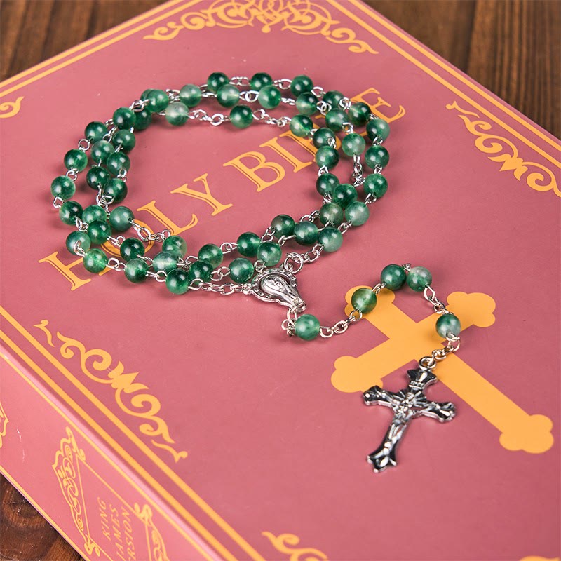 Christiandiscipleshop Our Lady of Rosary & Crucifix of 6mm Round Green Agate Alloy Chain Rosary
