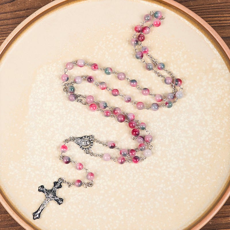 Christiandiscipleshop Our Lady of Rosary & Crucifix of 6mm Round Multi-pink Agate Alloy Chain Rosary
