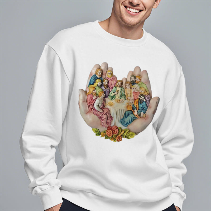 christiandiscipleshop Modern Colored Style Last Supper in God's Hands Fleece Lined Polyester Sweatshirt