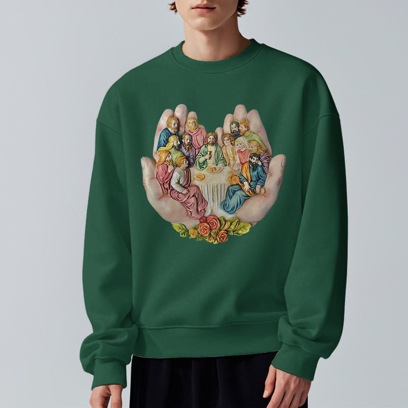 christiandiscipleshop Modern Colored Style Last Supper in God's Hands Fleece Lined Polyester Sweatshirt