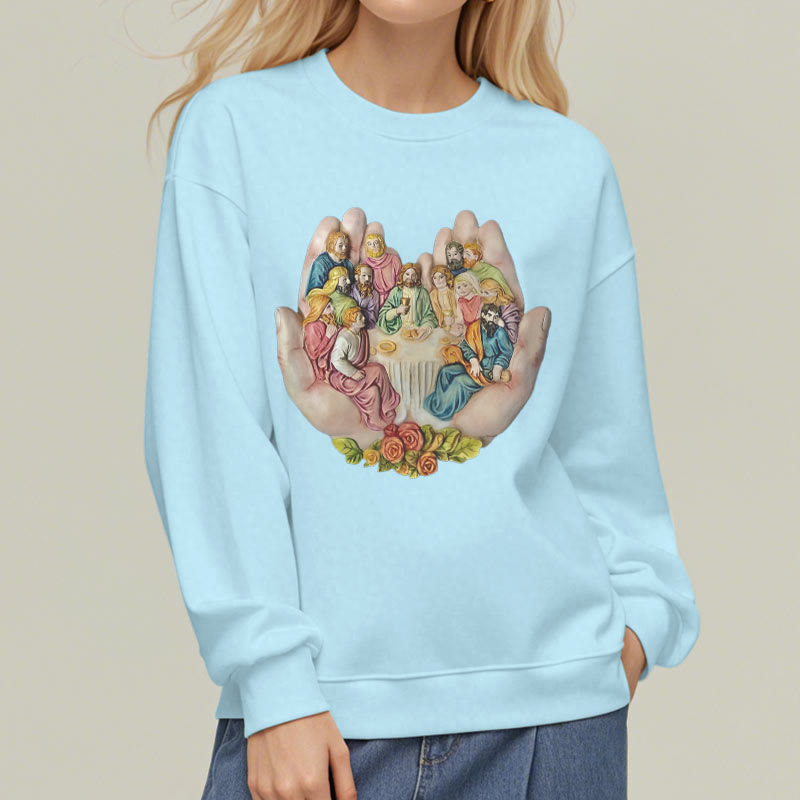 christiandiscipleshop Modern Colored Style Last Supper in God's Hands Fleece Lined Polyester Sweatshirt