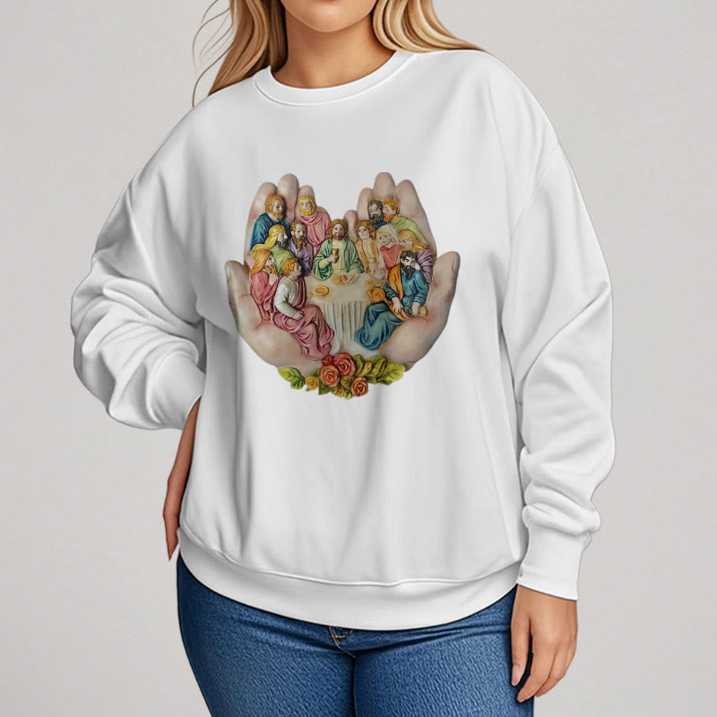 christiandiscipleshop Modern Colored Style Last Supper in God's Hands Fleece Lined Polyester Sweatshirt