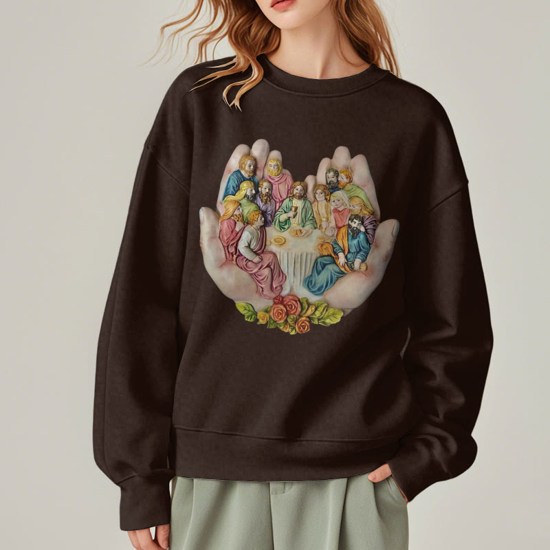 christiandiscipleshop Modern Colored Style Last Supper in God's Hands Fleece Lined Polyester Sweatshirt