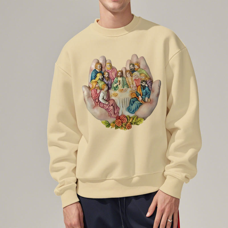 christiandiscipleshop Modern Colored Style Last Supper in God's Hands Fleece Lined Polyester Sweatshirt