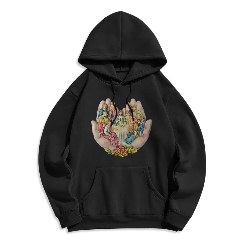 christiandiscipleshop Modern Colored Style Last Supper in God's Hands Fleece Lined Polyester Hoodie