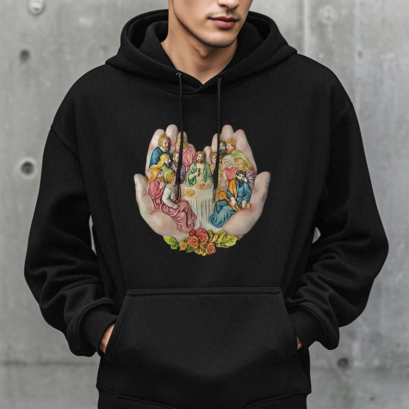 christiandiscipleshop Modern Colored Style Last Supper in God's Hands Fleece Lined Polyester Hoodie