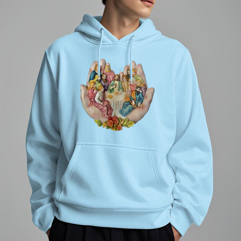 christiandiscipleshop Modern Colored Style Last Supper in God's Hands Fleece Lined Polyester Hoodie