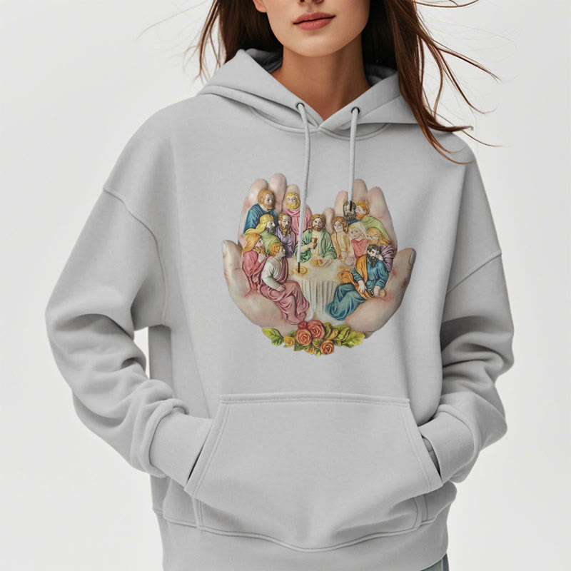 christiandiscipleshop Modern Colored Style Last Supper in God's Hands Fleece Lined Polyester Hoodie