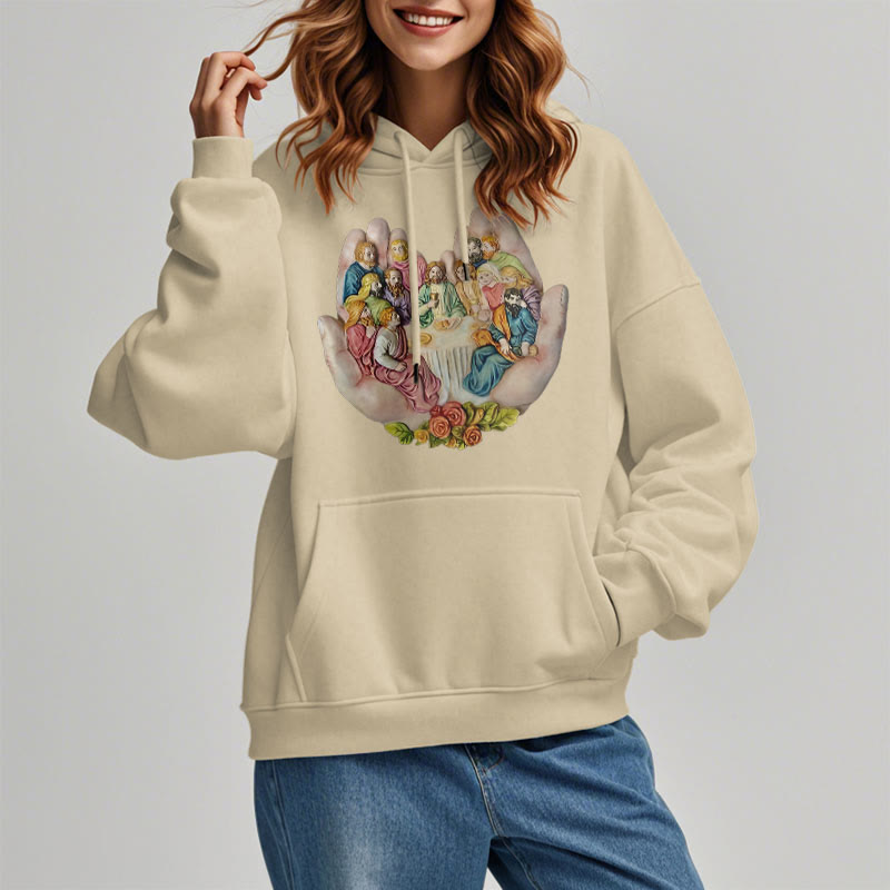 christiandiscipleshop Modern Colored Style Last Supper in God's Hands Fleece Lined Polyester Hoodie