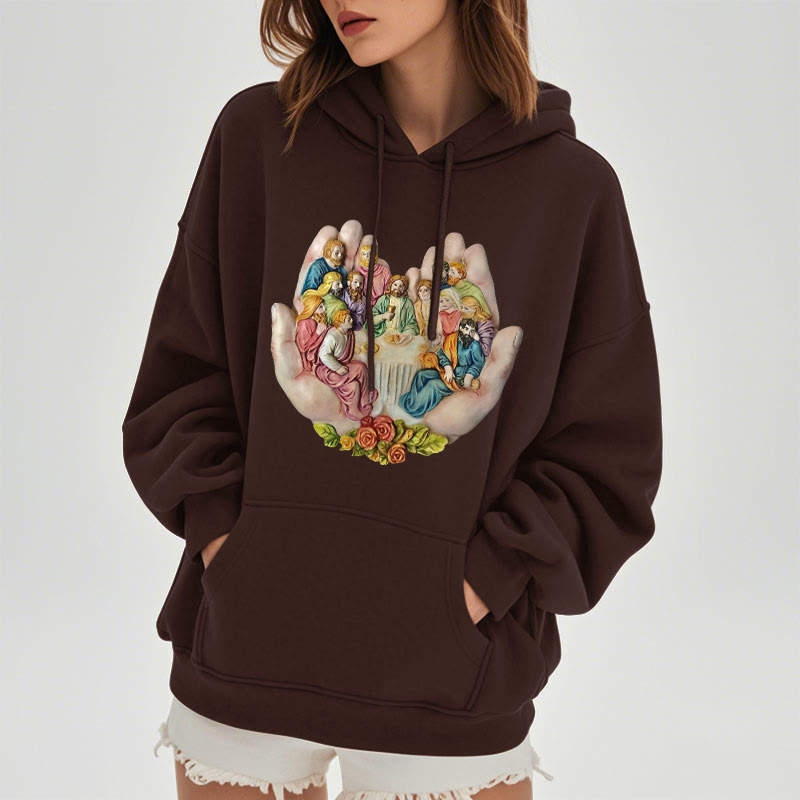 christiandiscipleshop Modern Colored Style Last Supper in God's Hands Fleece Lined Polyester Hoodie