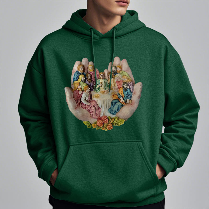 christiandiscipleshop Modern Colored Style Last Supper in God's Hands Fleece Lined Polyester Hoodie